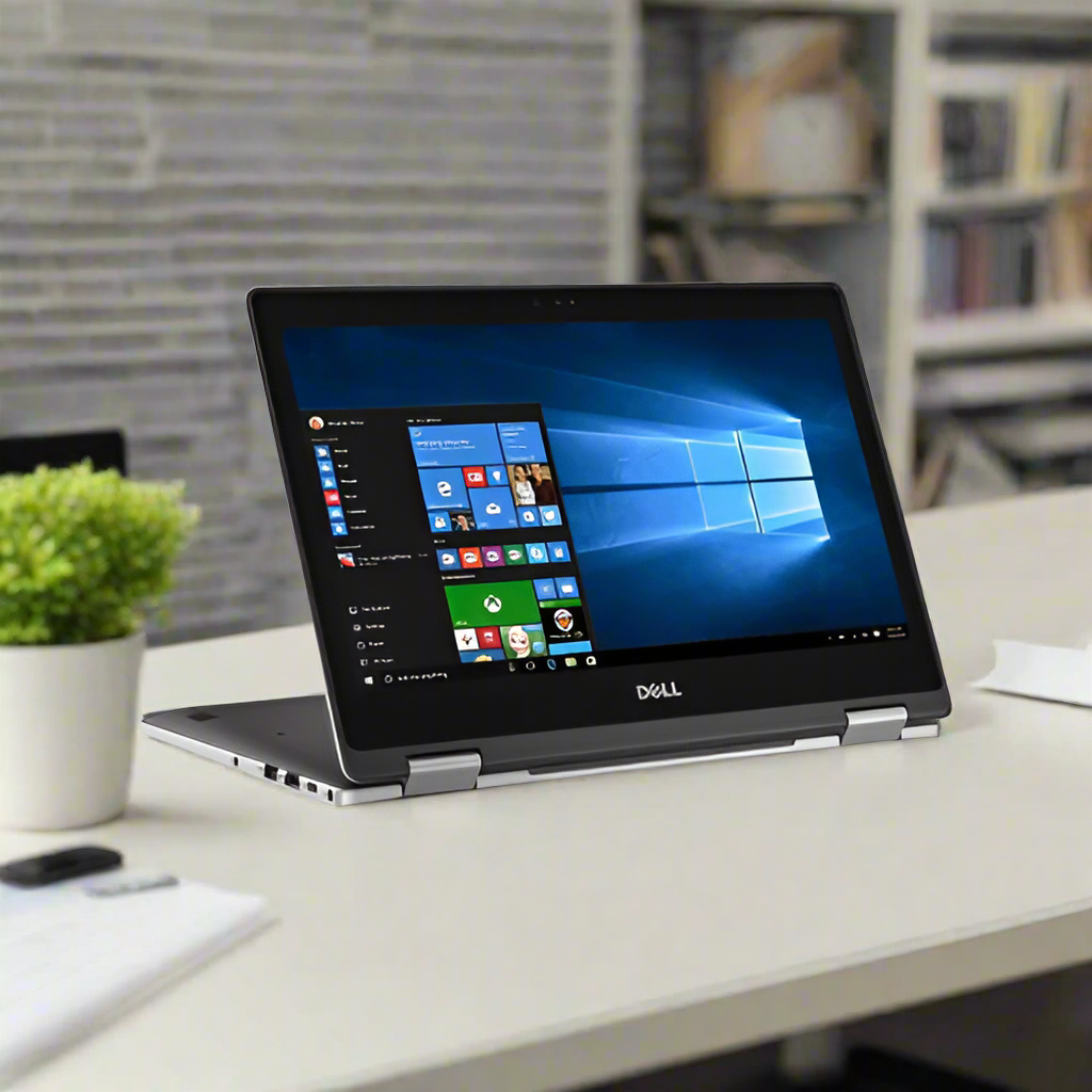 A certified refurbished Dell Latitude 13 3379 i5 6200U 2.3GHz 8GB 256GB SSD 13.3 Touch W10P laptop sits in tent mode on a desk, displaying Windows, with a green plant and bookshelves in a blurred office background.