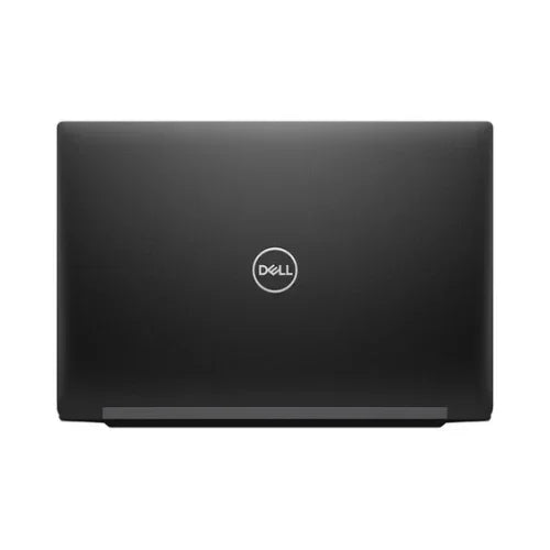 A closed black Dell Latitude 7390 i7 business laptop viewed from above displays the centered Dell logo. This certified refurbished 13.3 device with 8GB RAM, 256GB SSD, and Windows 11 Pro combines reliability and style for professionals.