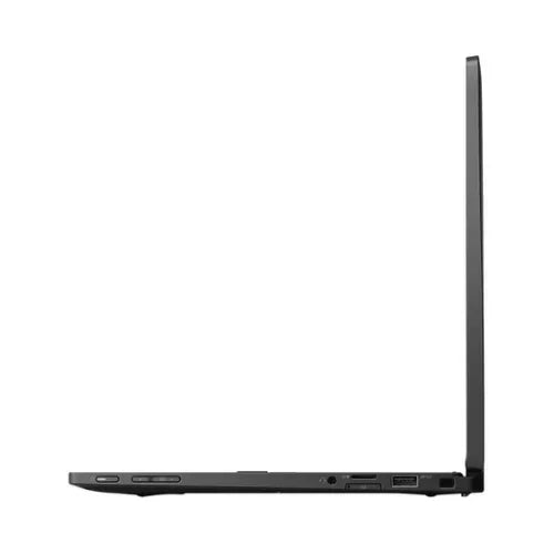 Side view of a slim, open Dell Latitude 7390 i7 8650U (13.3, 8GB RAM, 256GB SSD) at a 90-degree angle shows its profile, keyboard, and left-edge ports. This certified refurbished Dell laptop runs Windows 11 Pro and is ideal for professionals.