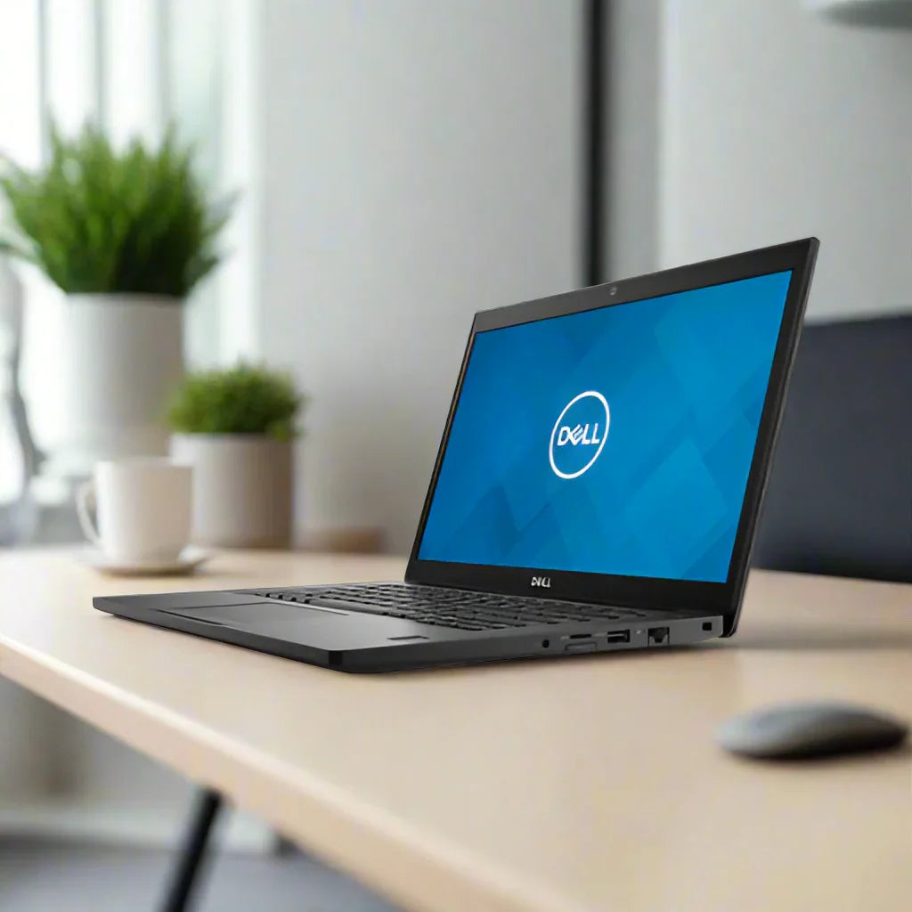 A refurbished Dell Latitude 7490 i7 8650U laptop (16GB RAM, 256GB SSD, 14 Touch, Windows 11 Pro) sits open on a light desk with a wireless mouse, white coffee cup, and green plants showing a stylish office setup.