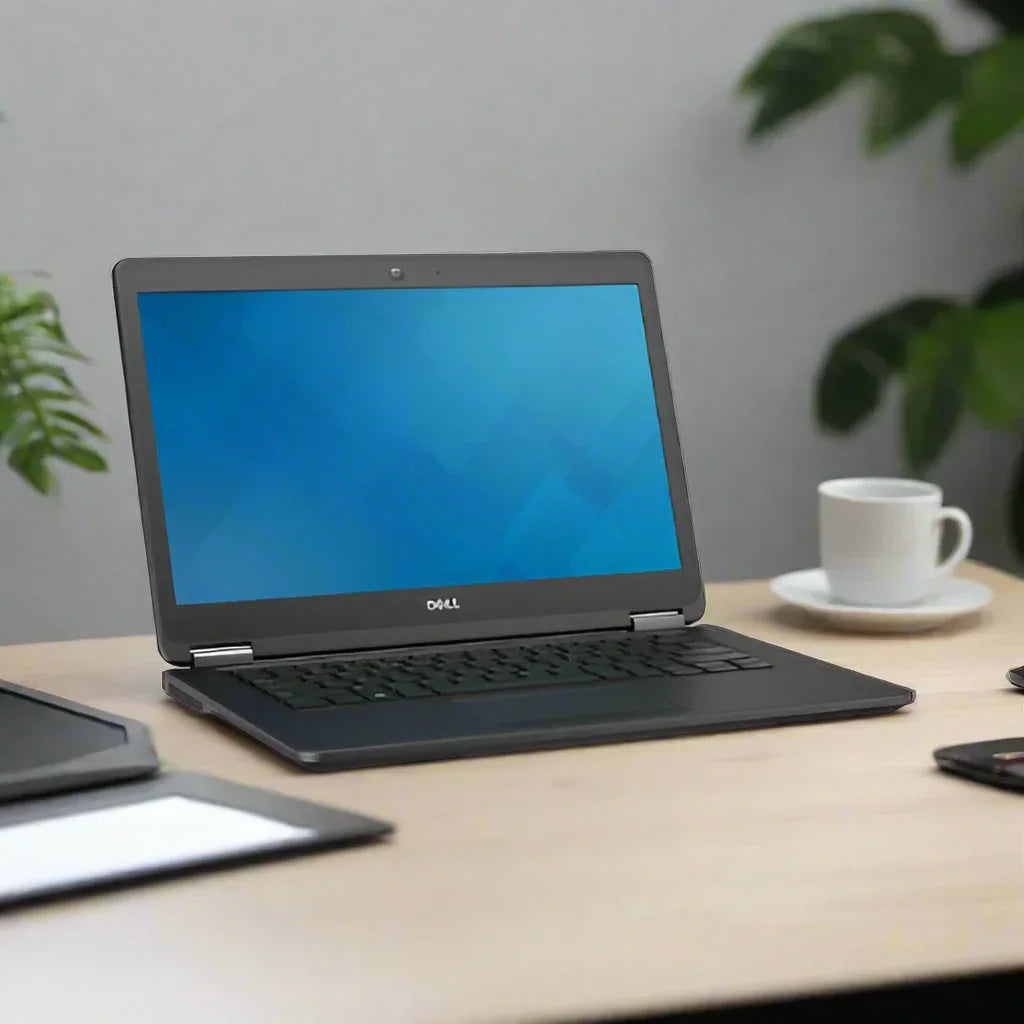 A certified refurbished Dell Latitude E7450 i5 5300U 2.3GHz 4GB 500GB (no OS) sits open on a light wooden desk next to a cup and saucer, with green plants in the background.