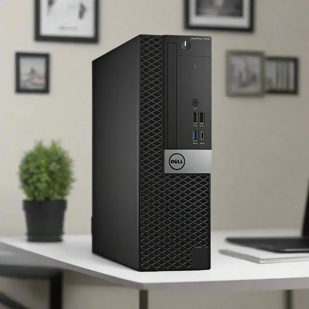 A Dell OptiPlex 7050 SFF (i5-6500, 8GB RAM, 256GB SSD, W10P) sits on a white desk in an office with a potted plant and framed pictures against a beige wall.