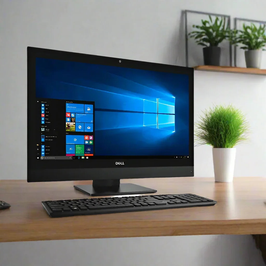 A Dell Refurbished Optiplex 7450 AIO i5 6600, 8GB RAM, 256GB SSD, WiFi, and 23.8 display sits on a wooden desk with keyboard, mouse, and potted plant; another plant is on a hanging shelf behind it.