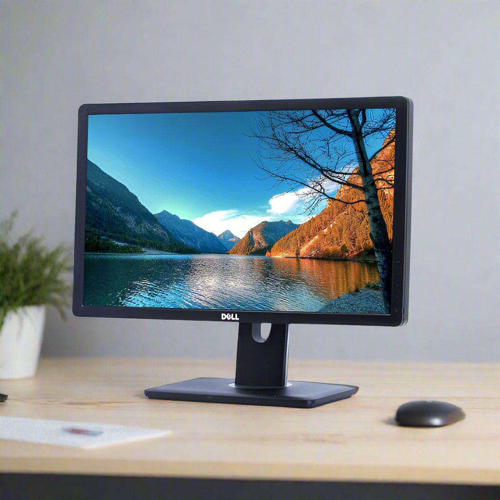 A Dell UltraSharp P2212H 21.5 1920x1080 monitor (no stand) sits on a wooden desk, showing a mountain lake scene. A mouse and potted plant add a serene, professional touch amidst scenic mountains and trees.