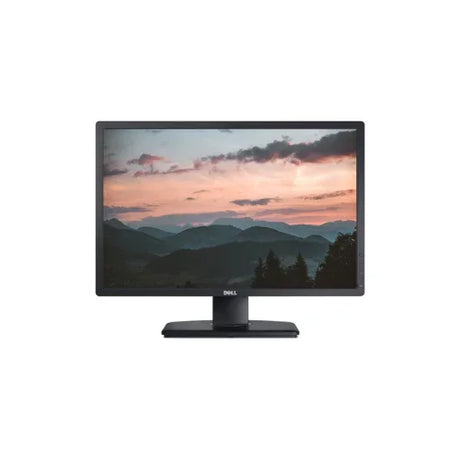 The Dell Professional P2312H 23 1920x1080 LED monitor (NO STAND) showcases mountains and trees outlined against a vivid sunset sky. This certified refurbished Dell display adds inspiring scenery to your workspace.