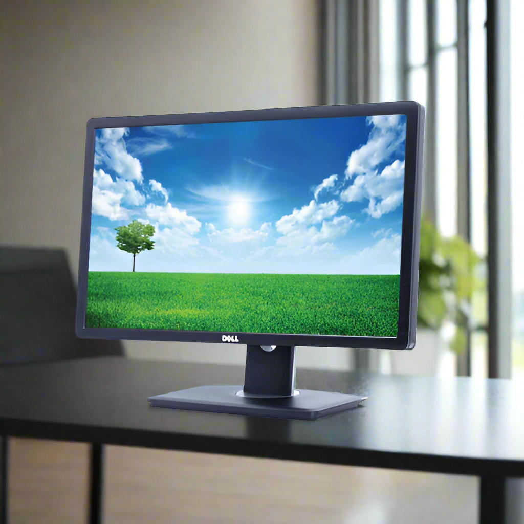 A Dell Professional P2312H 23 1920x1080 monitor rests on a dark desk, showing a vivid sunny sky with clouds, a single tree, and green grass. Large windows and part of a curtain appear blurred in the background. No stand included.
