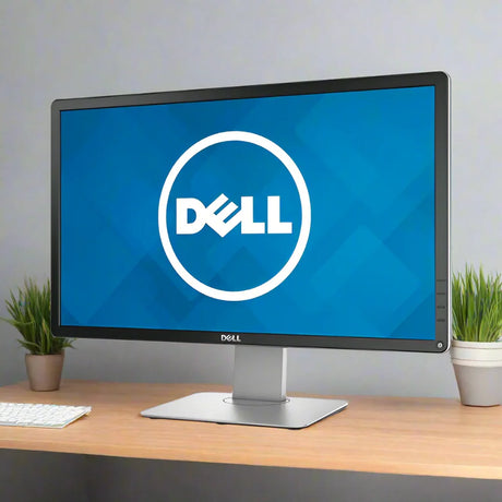 A Dell P2314H IPS 23" 1920x1080 monitor displays the Dell logo on a blue screen, placed on a wooden desk between two small potted plants, with part of a white keyboard visible on the left.