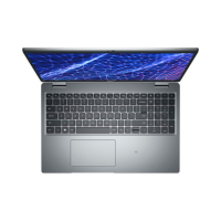 A silver Dell Latitude 5530 with a black keyboard and large touchpad, shown from above with a blue-purple abstract pattern on its 15.6" HD screen. Certified refurbished, it runs an Intel Core i5-1245U and includes 8GB RAM, 256GB SSD, and Windows 11 Pro.