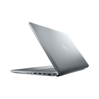 A silver Dell Latitude 5530 i5 1245U laptop is partially open, viewed from the back left, displaying left-side ports and the Dell logo on the lid against a plain white background.