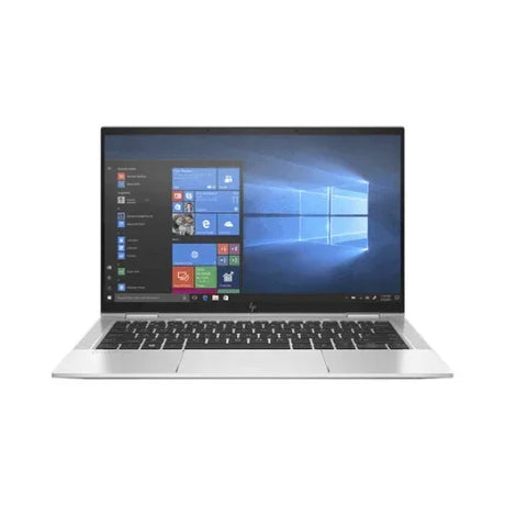 A silver HP EliteBook X360 1030 G7 (i7 10710U, 8GB RAM, 256GB SSD, LTE, 13.3 Touch) with a black keyboard and thin bezels displays Windows on its screen against a white background.