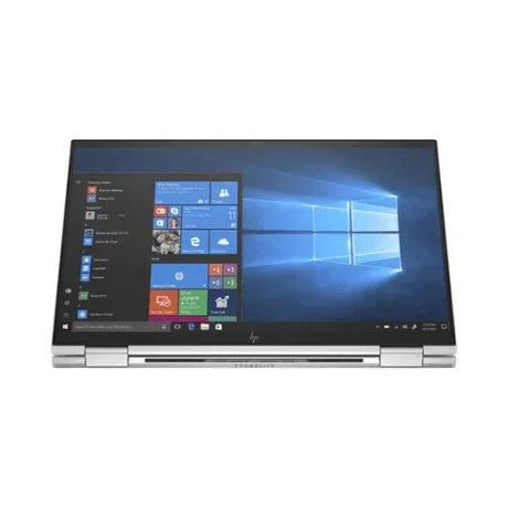 A silver HP EliteBook X360 1030 G7 13.3 touch laptop (i7 10710U, 8GB, 256GB, LTE) in tablet mode with Windows start menu on display, shown isolated on a white background.