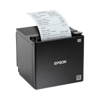 The Epson TM-M30II Thermal Receipt Printer (USB/Ethernet POS) by Epson features a compact black design with a printed receipt emerging—ideal for efficient point-of-sale systems.