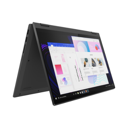 A Lenovo Flex 5 2-in-1 Pentium Gold laptop in tent mode shows colorful charts and web pages on its 14" touchscreen, highlighting its vibrant display and versatile design.