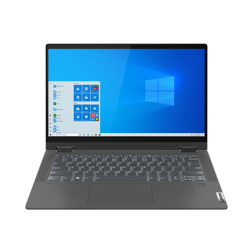 A refurbished black Lenovo Flex 5 2-in-1 laptop with a grey keyboard is open, showing the Windows 11 Home screen on its 14" touchscreen. Features include Pentium Gold 7505, 2GHz CPU, 8GB RAM, and a 256GB SSD.