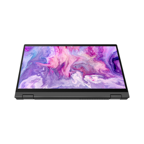 A slim Lenovo Flex 5 2-in-1 laptop with a 14" touchscreen lays flat in tablet mode, displaying a vivid abstract pattern in pink, purple, and white. Model features Pentium Gold 7505 CPU, 8GB RAM, and 256GB storage.