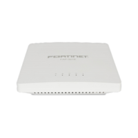 A white, rectangular Fortinet FortiAP-321E Indoor WiFi Access Point by Fortinet with front indicator lights is shown from a low, front-facing angle against a plain background.