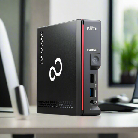 A Fujitsu Esprimo G558 USDT i5 9400T 1.8GHz 8GB 256GB SSD Windows 11 Pro desktop sits on an office desk, showing ventilation holes and USB ports on its front panel, with a blurred monitor and window in the background.