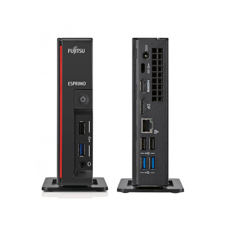 Front and back view of the Fujitsu Esprimo G558 USDT (i5 9400T, 8GB, 256GB SSD, Windows 11 Pro), showing ports like USB, HDMI, DisplayPort, and Ethernet. This certified refurbished desktop features front power button and audio ports.