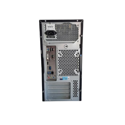 The image shows the back panel of the GIGABYTE B460MDS3H V2 SFF i3 10100 3.6GHz 8GB 250GB SSD W11P desktop, with ventilation grills, USB and display ports, audio jacks, and a power socket, all against a white background.