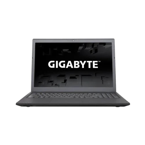A black GIGABYTE P15FV5 gaming laptop faces forward with its screen on, showing the GIGABYTE logo. The keyboard and touchpad are visible below, powered by an Intel Core i7-6700HQ and NVIDIA GeForce GTX 950M graphics.
