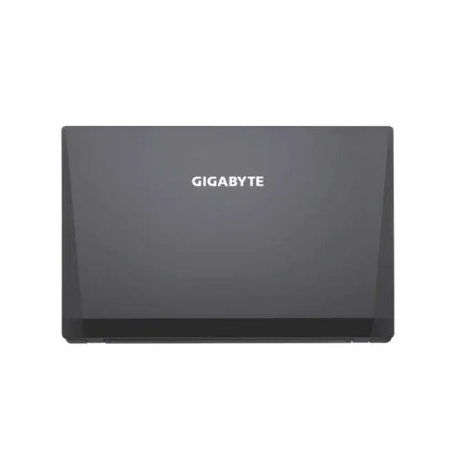 A closed GIGABYTE P15FV5 laptop with a dark gray lid displays the GIGABYTE logo in white; it features an Intel Core i7-6700HQ CPU, 16GB RAM, 512GB SSD + 2TB HDD, and NVIDIA GTX 950M graphics.