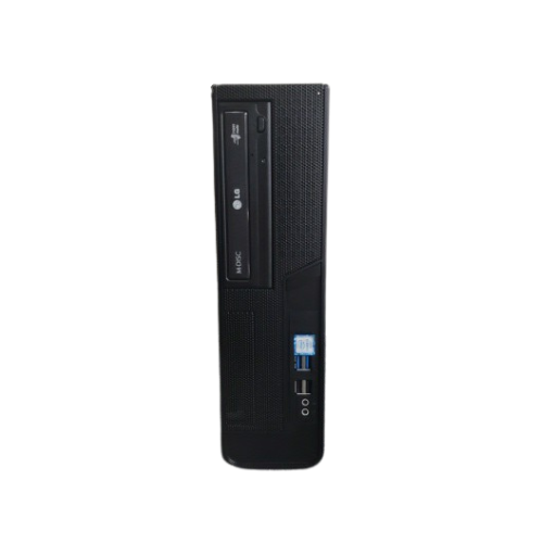 A front view of a certified refurbished black GIGABYTE desktop computer tower with DVD drive, USB ports, audio jacks, power button; features Intel Core i3-6100 3.7GHz CPU, 8GB RAM, 120GB SSD on a Gigabyte H110M SFF board; isolated on white.