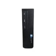 A front view of a certified refurbished black GIGABYTE desktop computer tower with DVD drive, USB ports, audio jacks, power button; features Intel Core i3-6100 3.7GHz CPU, 8GB RAM, 120GB SSD on a Gigabyte H110M SFF board; isolated on white.