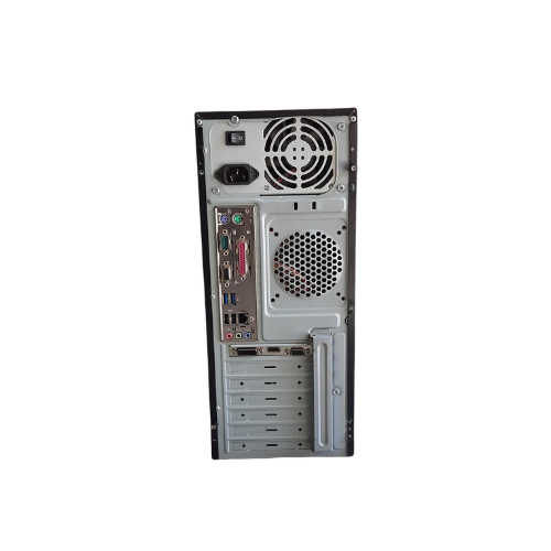 The image displays the back panel of a refurbished GIGABYTE H81M-DS2 SFF i3 4150 3.5GHz 6GB desktop, showing ports, expansion slots, power supply, cooling fan, and vents against a white background.