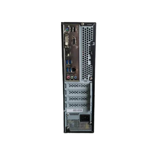 The image shows the back panel of a refurbished GIGABYTE H97M-HD3 SFF i3 4160 3.6GHz 8GB 128GB SSD DW NO OS computer tower, highlighting its ports, ventilation grilles, expansion slots, and power supply socket.