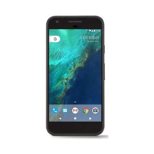 A certified refurbished Google Pixel 1 2PW4200 32GB Black Unlocked Mobile Phone (AU STOCK) displays a home screen with Google app icons and ocean wallpaper showing the date 4 October, all set against a plain white background.