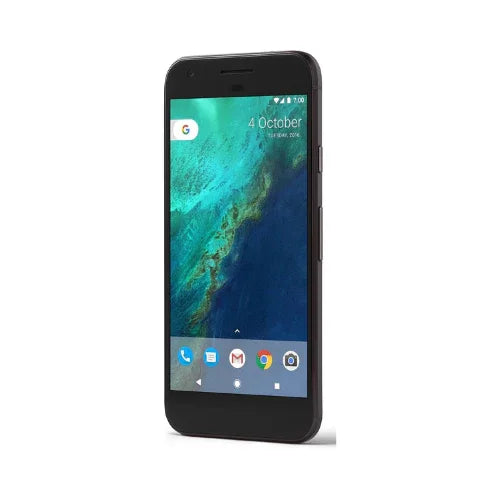 A certified refurbished Google Pixel 1 2PW4200 32GB Black Unlocked Mobile Phone by Google, shown at an angle with a blue-green wallpaper and app icons, against a white background. AU stock with warranty.