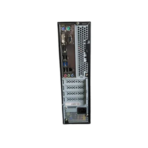 The image shows the back panel of a certified refurbished GIGABYTE H110M SFF i5 6700 desktop with USB, audio jacks, HDMI, Ethernet, power supply, expansion slots, and ventilation grills. Specs: 16GB RAM, 256GB SSD, Windows 10 Pro.