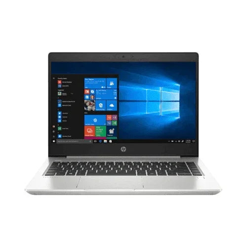 A refurbished HP ProBook 440 G7 (i7 10510U, 32GB RAM, 512GB SSD, 14" Touch) in silver with a black keyboard is open, displaying the Windows home screen against a white background.