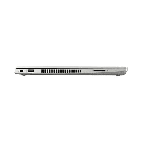 Side view of a closed refurbished HP ProBook 440 G7 i7 10510U 14" Touch, featuring USB port, ventilation grill, and SD card slot against a white background—a sustainable HP laptop choice.