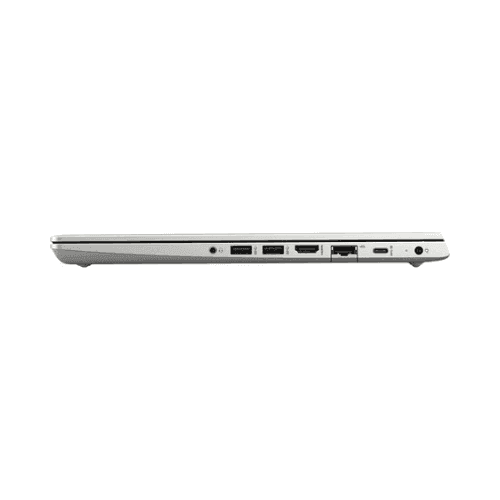 A thin silver refurbished HP ProBook 440 G7 i7 10510U with 32GB RAM, 512GB SSD, and a 14" Touch display is shown closed from the side, highlighting its USB, HDMI, Ethernet, and audio ports against a plain white background.