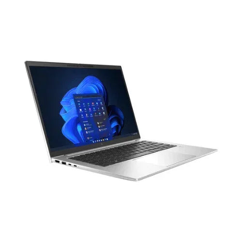 A refurbished HP EliteBook 840 G9 i5 1235U 14 laptop with black keyboard displays Windows 11 Pro on its screen, set against a plain white background.
