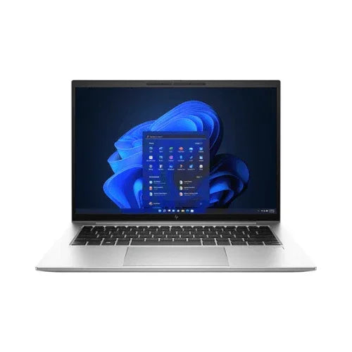A silver refurbished HP EliteBook 840 G9 with a black keyboard and 14 display is open to the Windows 11 Pro home screen against a white background. It features an Intel Core i5-1235U processor, 32GB RAM, and a 256GB SSD.