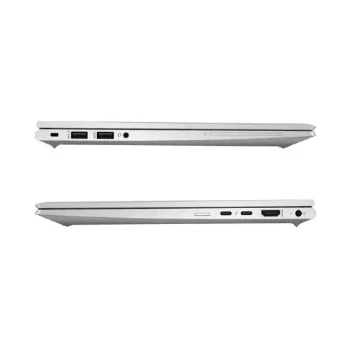 Side views of a refurbished HP EliteBook 840 G9 14 laptop (i5-1235U, 32GB RAM, 256GB SSD) show one side with two USB-A ports and headphone jack; the other side has microSD slot, USB-C, HDMI, and charging port. Brand: HP.