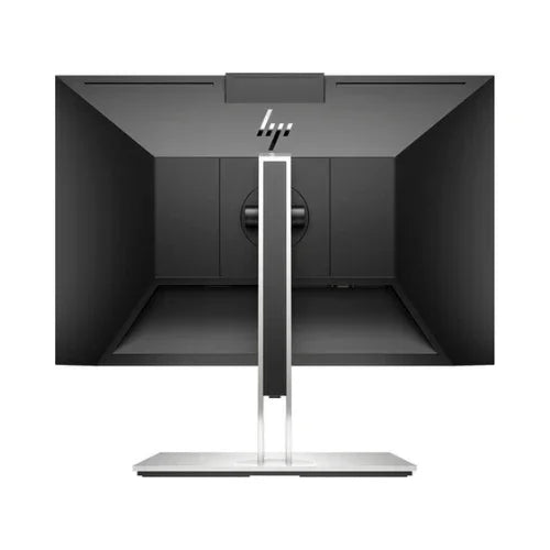 Rear view of the HP E24mv G4 IPS 23.8 monitor, featuring a minimalist black design with the HP logo at the top center—ideal for video conferencing in modern workspaces. Stand not included.