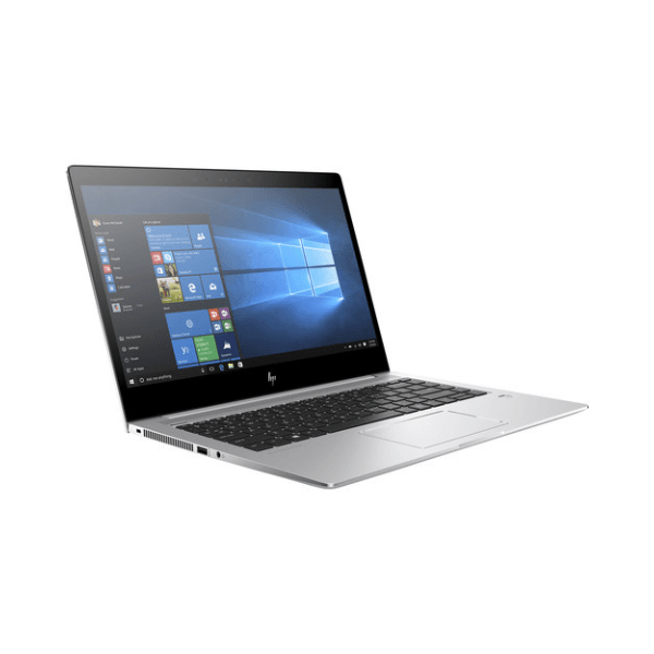 A silver HP EliteBook 1040 G4 with a black keyboard is open, displaying the Windows 10 Pro home screen. The 14" touchscreen laptop (i5 7300U, 8GB RAM, 256GB SSD) sits angled left on a white background.