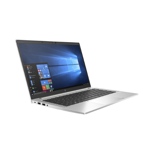 A silver HP EliteBook 830 G7 (i7 10610U, 16GB RAM, 256GB SSD, 13.3" display, Windows 11 Pro) is open at an angle on a white background, showing its black keyboard and screen.
