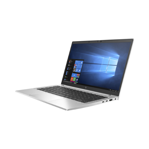 A silver HP EliteBook 830 G7 (i7, 16GB RAM, 256GB SSD, 13.3", Windows 11 Pro) with a black keyboard is partially open, showing its screen against a white background.