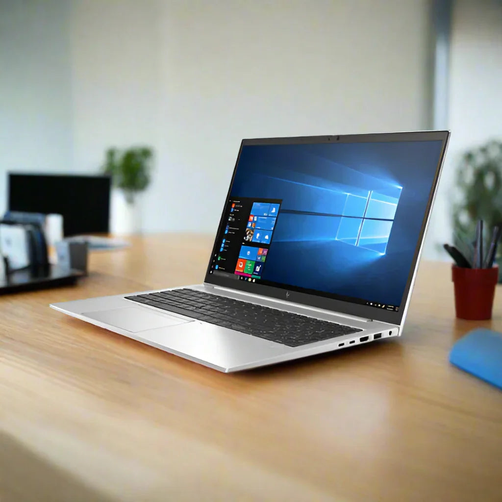 An HP EliteBook 850 G7 (i7 10510U, 16GB RAM, 256GB SSD, LTE, 15.6, Windows 11 Pro) sits open on a wooden desk with office supplies and blurred decor in the background.