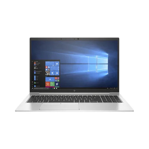A silver HP EliteBook 850 G7 business laptop by HP with a black keyboard is open and powered on, displaying the Windows 11 Pro home screen on its 15.6 monitor against a plain white background.