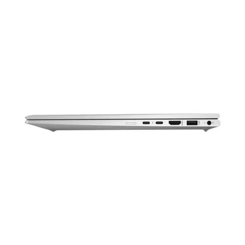 A closed HP EliteBook 850 G7 i7 10510U business laptop is shown from the side, highlighting ports like USB, HDMI, and a headphone jack on its slim 15.6 silver chassis.