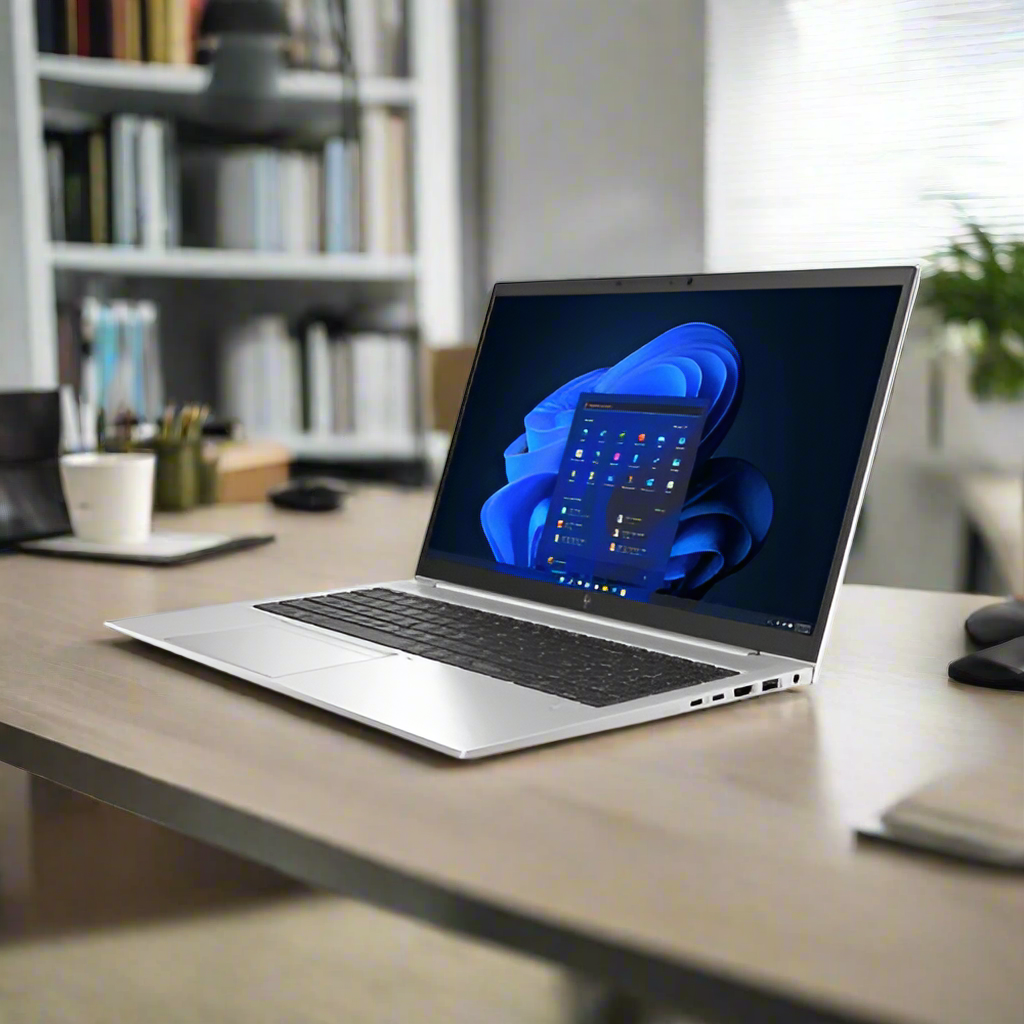 An open refurbished HP EliteBook 850 G8 laptop (i7-1185G7, 16GB RAM, 256GB SSD, LTE, 15.6 display) by HP displays the Windows 11 Pro home screen against a plain white background.