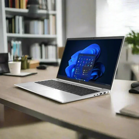 An open refurbished HP EliteBook 850 G8 laptop (i7-1185G7, 16GB RAM, 256GB SSD, LTE, 15.6 display) by HP displays the Windows 11 Pro home screen against a plain white background.