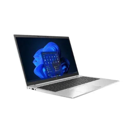 The HP EliteBook 850 G8, a silver 15.6-inch Full HD notebook with a dark keyboard, is open at an angle and displays the Windows 11 Pro home screen against a plain white background.