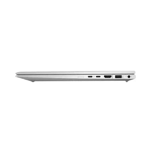 A slim, closed refurbished HP EliteBook 850 G8 i7 laptop by HP is shown from the side, highlighting ports like HDMI, USB, USB-C, and a microSD card slot.