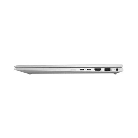 A slim, closed refurbished HP EliteBook 850 G8 i7 laptop by HP is shown from the side, highlighting ports like HDMI, USB, USB-C, and a microSD card slot.